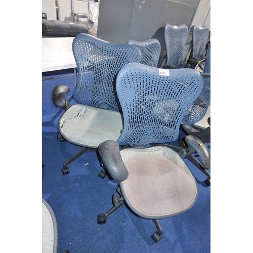 1381 - 2 x Herman Miller Mirra office swivel chairs with grey mesh seat and dark blue plastic back. Please ... 