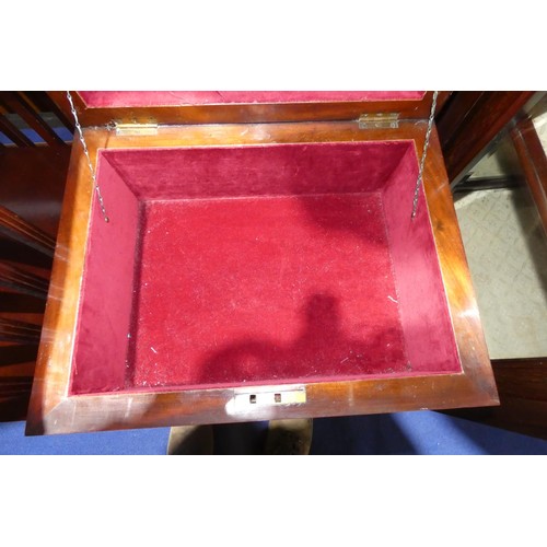 3366 - A Victorian sarcophagus shaped mahogany teapoy/workbox with a lift lid enclosing a fitted interior, ... 