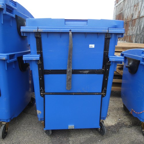 6289 - 2 x large blue wheelie bins with a drop front