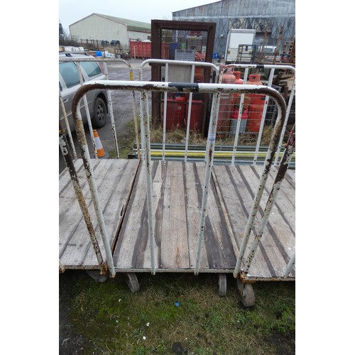 6298 - 1 x Wheeled trolley with a metal frame and wooden sides, measuring approx 178cm L x 91cm W