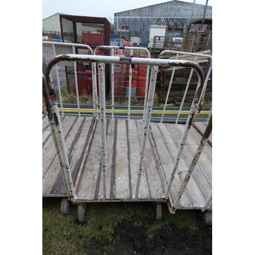 6299 - 1 x Wheeled trolley with a metal frame and wooden sides, measuring approx 178cm L x 91cm W