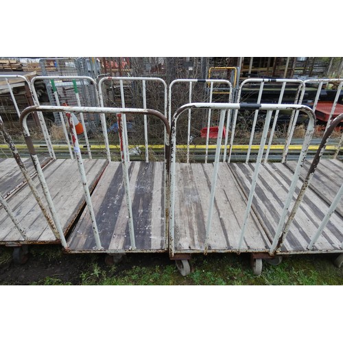 6303 - 2 x Wheeled trolleys with metal frames and wooden sides, measuring approx 178cm L x 91cm W