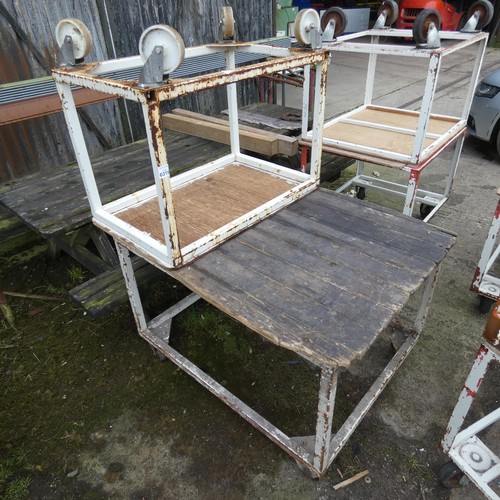 6319 - 2 x various wheeled bench trolleys with a metal frame, 1 
x approx 115cm L x 94cm W x 76cm H and 1 x... 