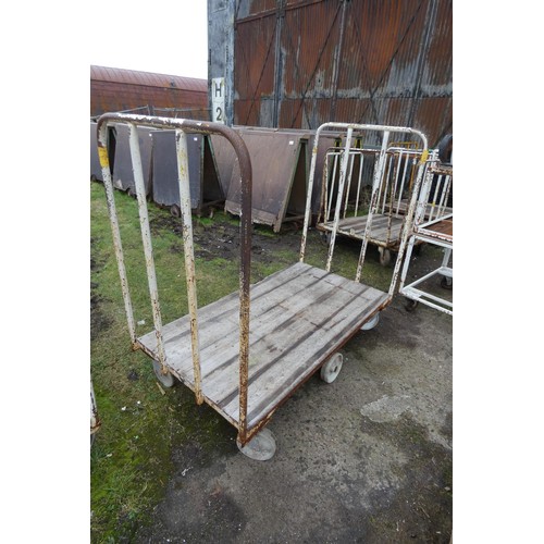 6297 - 1 x Wheeled trolley with a metal frame and wooden sides, measuring approx 178cm L x 91cm W