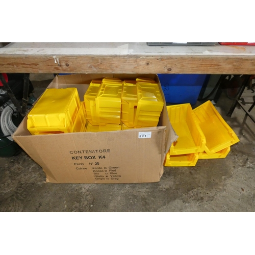 5111 - 20 x yellow plastic hanging / stacking storage bins each approx 20 x 35 x 16cm high