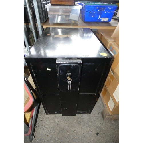 5131 - A black metal two drawer filing cabinet with locking front bar supplied with 1 x butterfly key