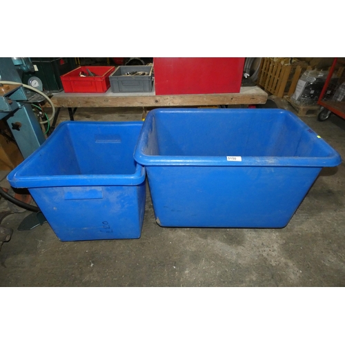 5150 - 2 x wheeled blue plastic tubs - Please note that the smaller square wheeled tub has a broken base