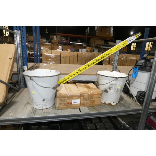 5451 - 2 x vintage white enamel buckets, 2 x boxes of zip lock bags and 1 x ranging pole. Contents of 1 she... 