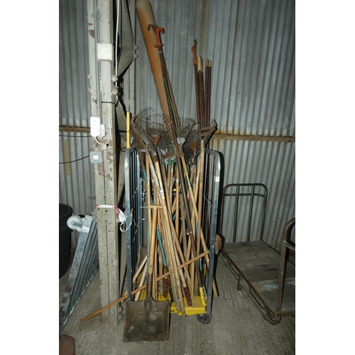 5553 - A quantity of various garden hand tools including rakes, pole pruners etc. Contents 1 wheeled cage w... 