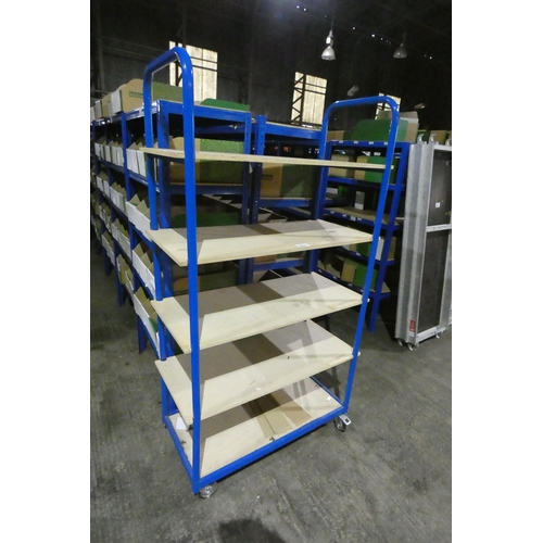 5606 - 1 x blue metal wheeled shelf unit approx 106 x 50 x 189cm high