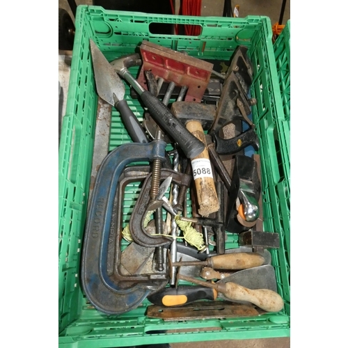 5088 - 1 box containing a quantity of various tools including G clamps, planes etc