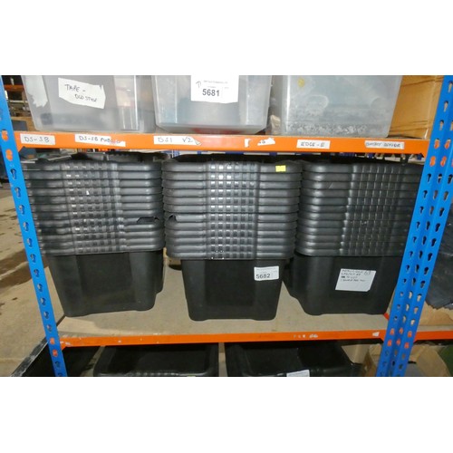 5682 - 36 x black plastic containers each approx 43 x 34 x 22cm high. Contents of 1 shelf