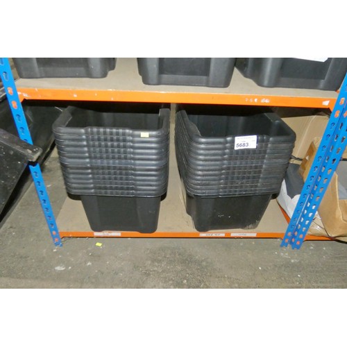 5683 - 24 x black plastic containers each approx 43 x 34 x 22cm high. Contents of 1 shelf