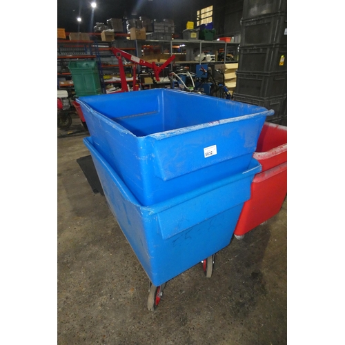 5832 - 2 x blue plastic wheeled tubs each approx 100 x 70 x 86cm high