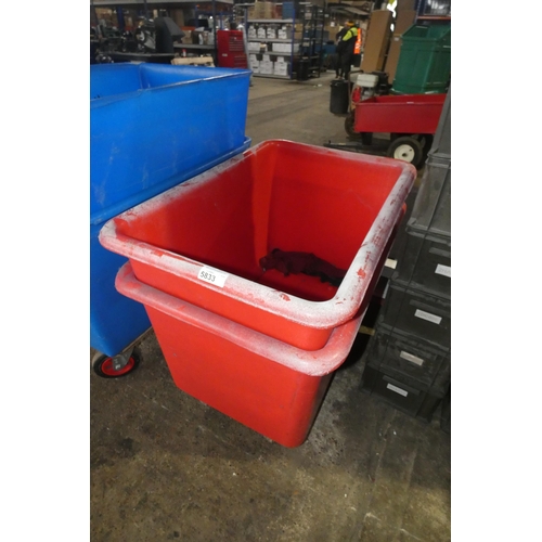 5833 - 2 x red plastic wheeled tubs each approx 100 x 68 x 71cm high