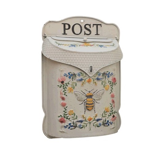 75 - 1 x white metal post box with bee / floral coloured design