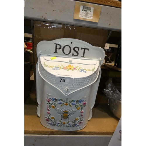 75 - 1 x white metal post box with bee / floral coloured design