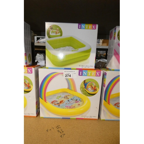 274 - 2 x Intex paddling pools comprising 1 at approx 86 x 86 x 25cm and 1 at approx 147 x 130 x 86cm