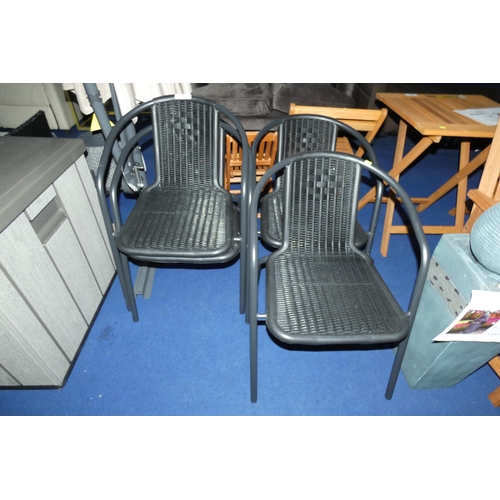 586 - 4 x black metal framed stacking patio chairs