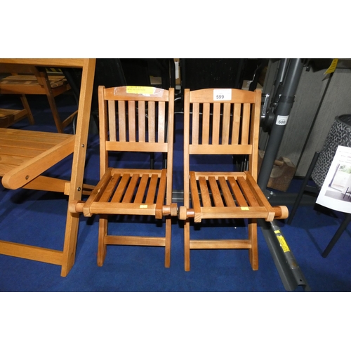 599 - 2 x child size folding wooden garden chairs