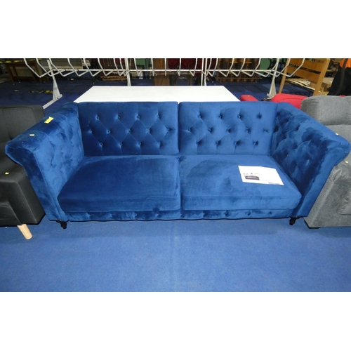 630 - A Meservey 3 seater blue velvet sofa bed RRP £449