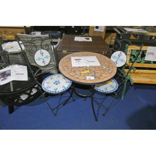 605 - 1 x mosaic top round balcony table diameter approx 60cm RRP £94 and 2 x non matching but similar sty... 