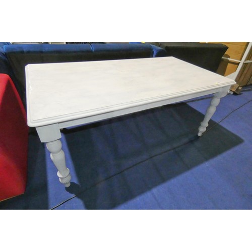 644 - A white painted pine farm house table approx 183 x 100cm. Please note that this table one leg that r... 