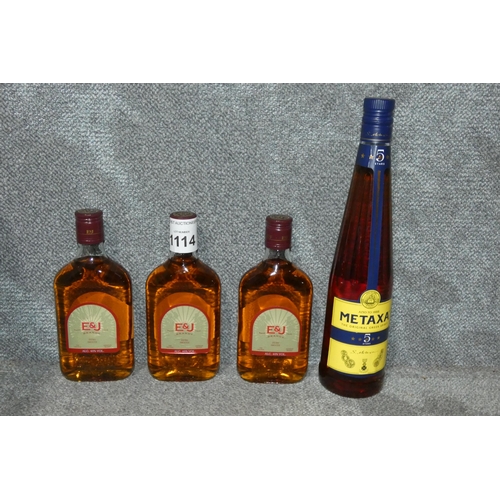 1114 - 3 x bottles of 350ml E&J brandy and a 700ml bottle of Metaxa