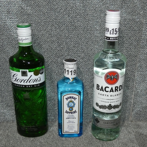 1119 - 1 x 70cl Bacardi, 1 x 70cl Gordons gin & 1 350ml Bombay sapphire gin