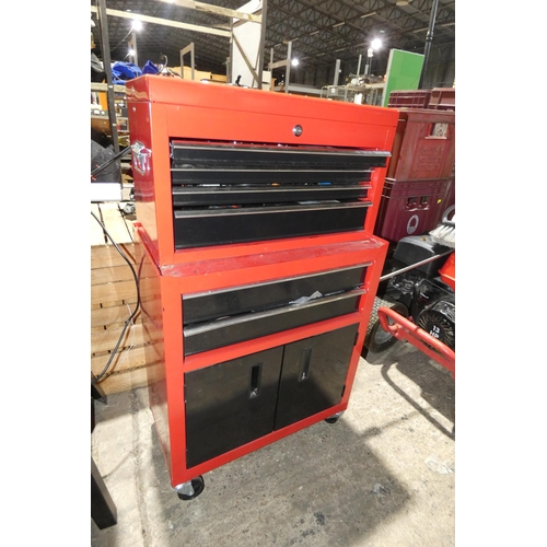 2060 - A red metal two part wheeled workshop tool chest / cabinet overall approx 62 x 33 x 107cm high