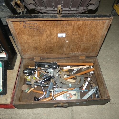 2066 - 1 x wooden case with hinged lid containing a quantity of various vintage hand tools