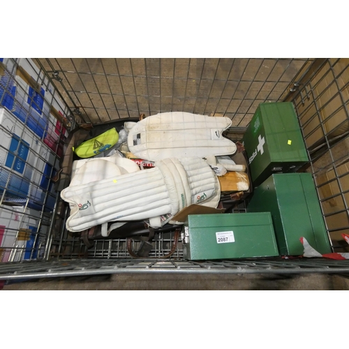 2087 - A quantity of various cricket equipment and 3 x first aid boxes. Contents of 1 metal stillage which ... 