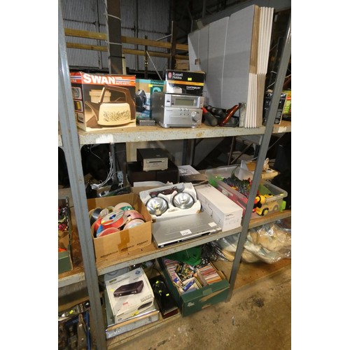 2139 - A quantity of various household items including a Panasonic CD player 240v, DVDs,  lights etc. Conte... 