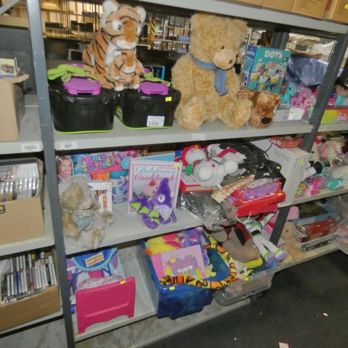 2328 - A quantity of various toys inc Buzz Lightyear etc, contents of 3 shelves - trade