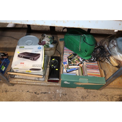 2139 - A quantity of various household items including a Panasonic CD player 240v, DVDs,  lights etc. Conte... 