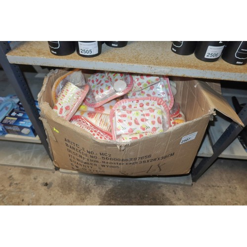 2507 - A box containing a quantity of disposable party packs including plates, cups, napkins