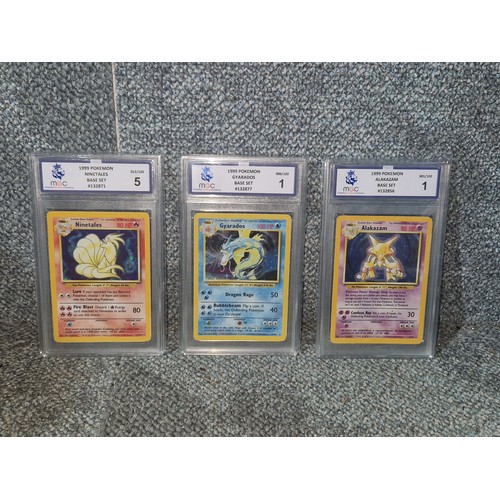 3 graded 1996-1999 rare holographic Pokmon trading cards: 1. Alakazam  grade 1 6. Gyrados grade 1 12