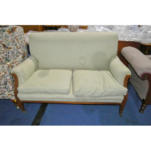 3392 - An Edwardian inlaid mahogany two seater settee with cream brocade upholstery