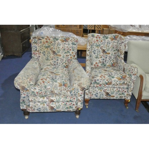 3393 - Two similar bird and floral upholstered armchairs