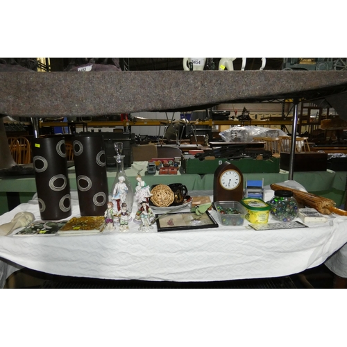 A pair of tall brown pottery vases, an Edwardian inlaid mantle clock