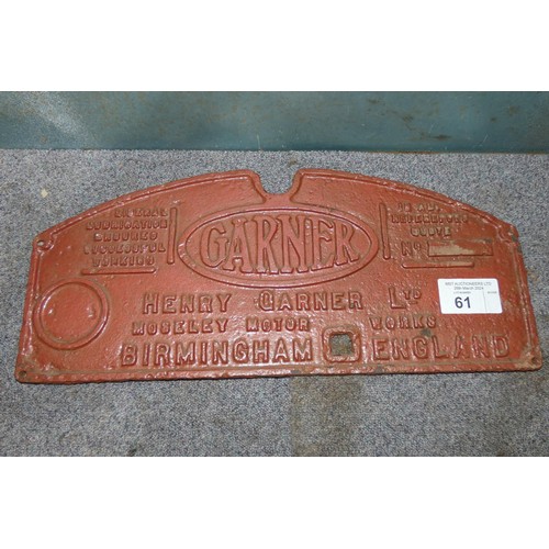 61 - A vintage cast sign by Henry Garner Ltd measuring approx 53 x 23.5cm