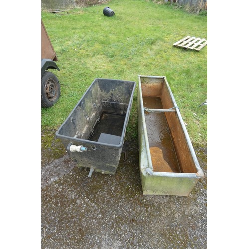 106 - 1 x galvanised water trough (damaged) measuring approx 183cm long and 1 x plastic water tank.