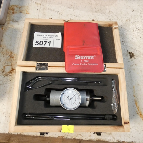 5071 - A centre finder in a small wooden box and a Starrett centre finder set