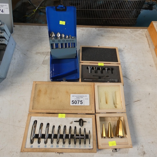 5075 - A centre drill set, a keyway broach set, a CSK cutter set and a 3 piece cone cutter set