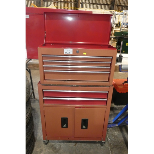 5122 - A red metal two part wheeled multi drawer tool chest with hinged top (empty) overall approx 62 x 29 ... 