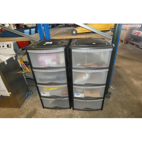 5129 - 2 x plastic four drawer storage units containing various items including brass, copper, LED parts et... 