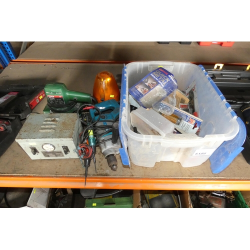 5186 - A quantity of various tools including a battery charger, a rotating amber beacon, a Wolf drill 240v,... 