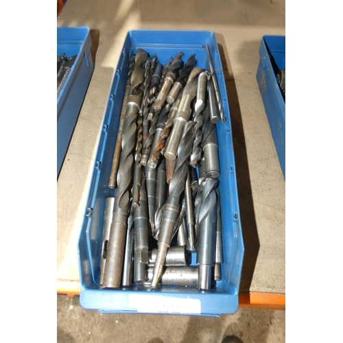 5254 - A box containing a quantity of various drill bits (mainly taper shank)