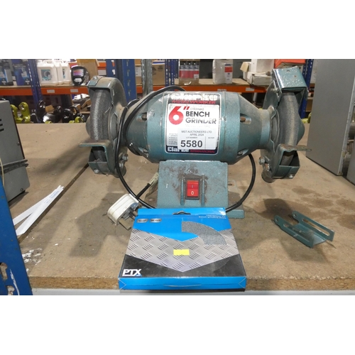 5580 - 1 x Clarke Metalworker 6 inch bench grinder 240v and 1 x unused 150mm bench grinding stone. Tested w... 