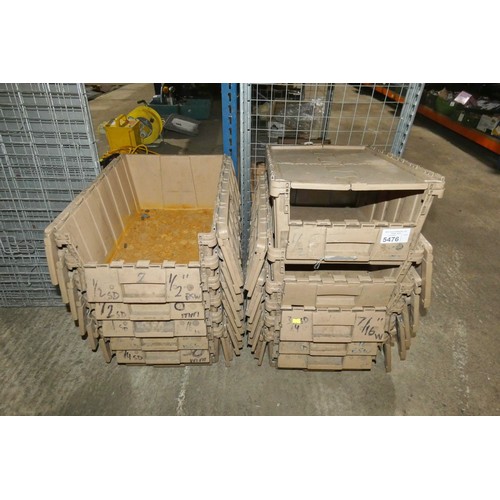 5476 - 12 x plastic stacking crates with fold over tops each approx 54 x 40 x 23cm high